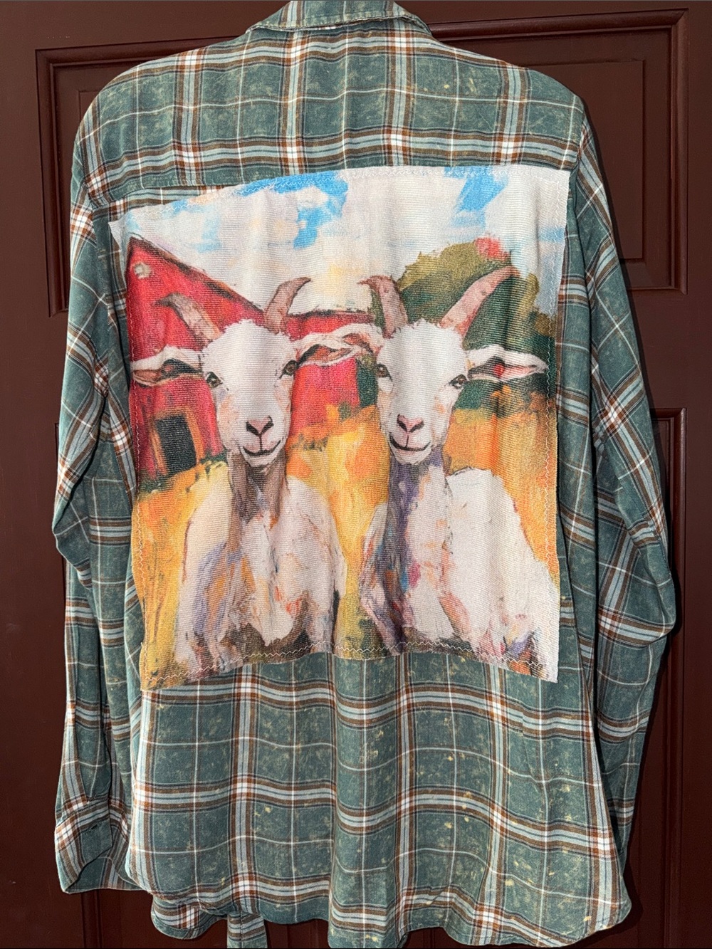 Green Plaid Button-Up Shirt with Colorful Goat Back Panel